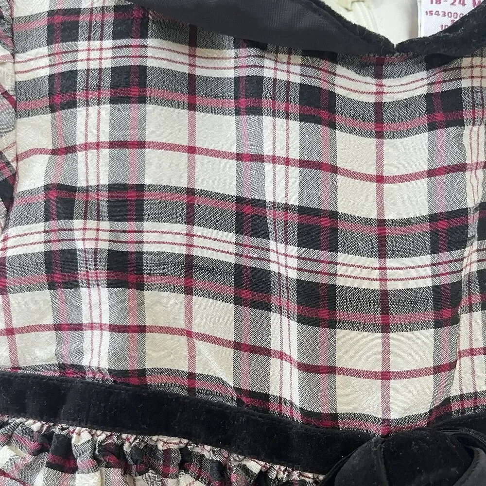 Vintage Gymboree Plaid Silk Dress Velvet Peter Pan Collar Girls SZ 18-24 Months